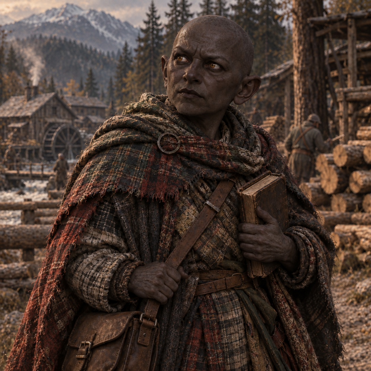 Concept portrait of Bonkelk Feren, a bald gnome diviner in plaid