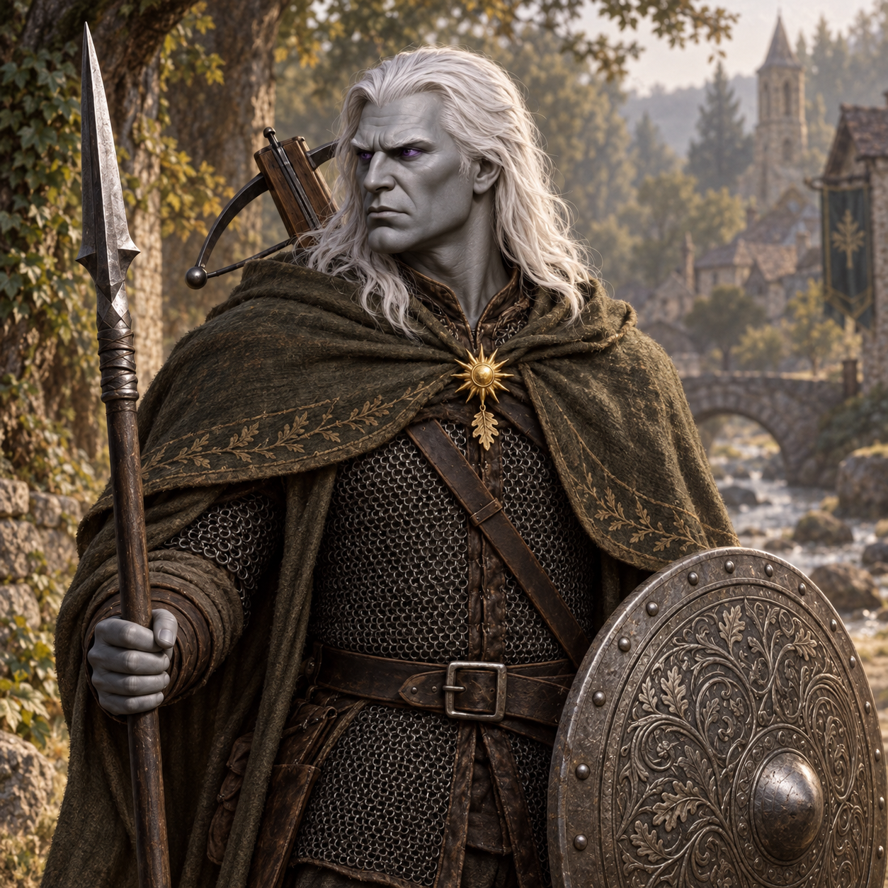 Concept portrait of Edward Sicklexfoot with white hair, purple eyes, and a crossbow