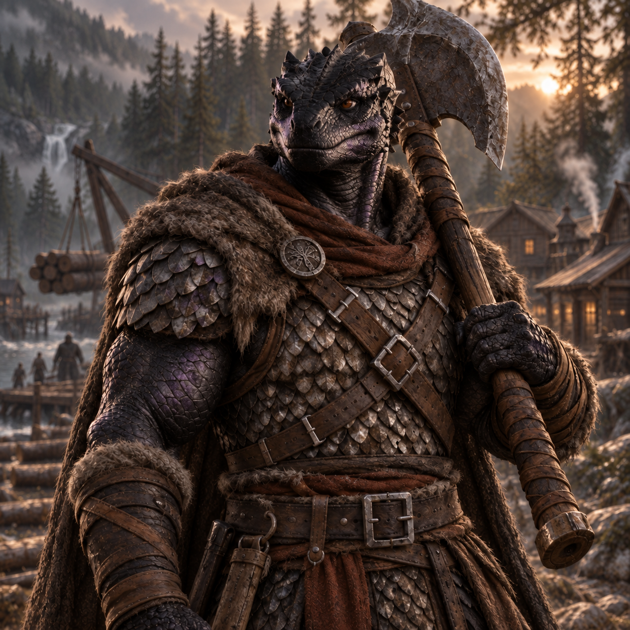 Concept portrait of Karrusk Deepfang in scale mail with a great axe