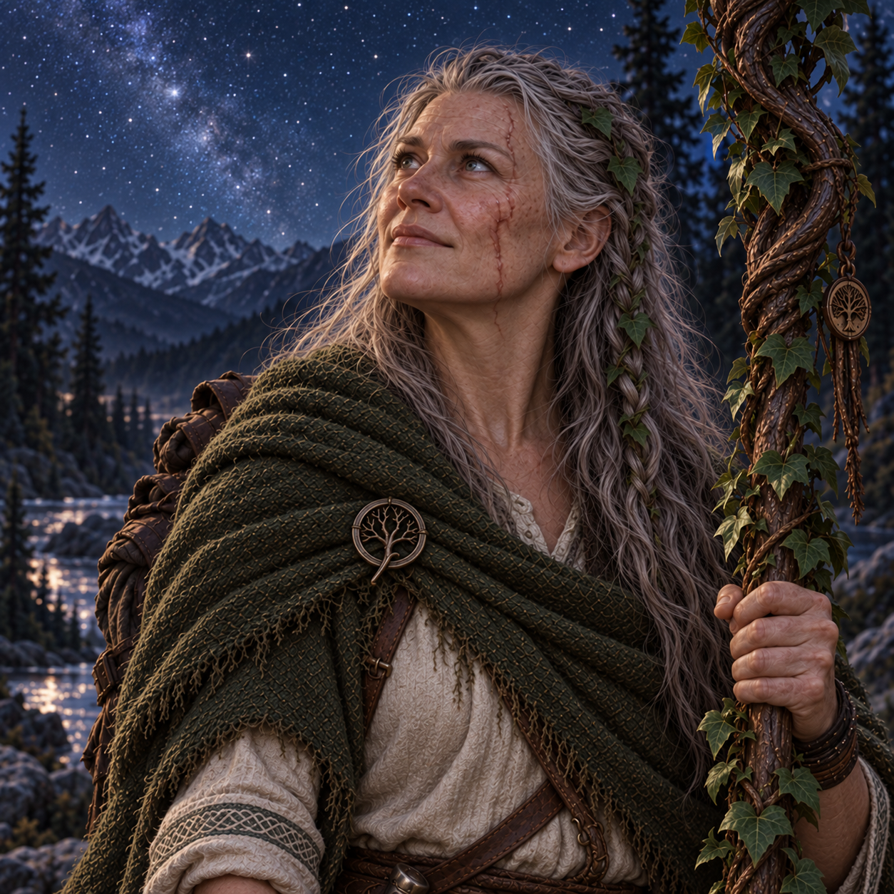 Concept portrait of Sága Stjǫrnuvaka, a pale, weathered human druid gazing thoughtfully up at the stars