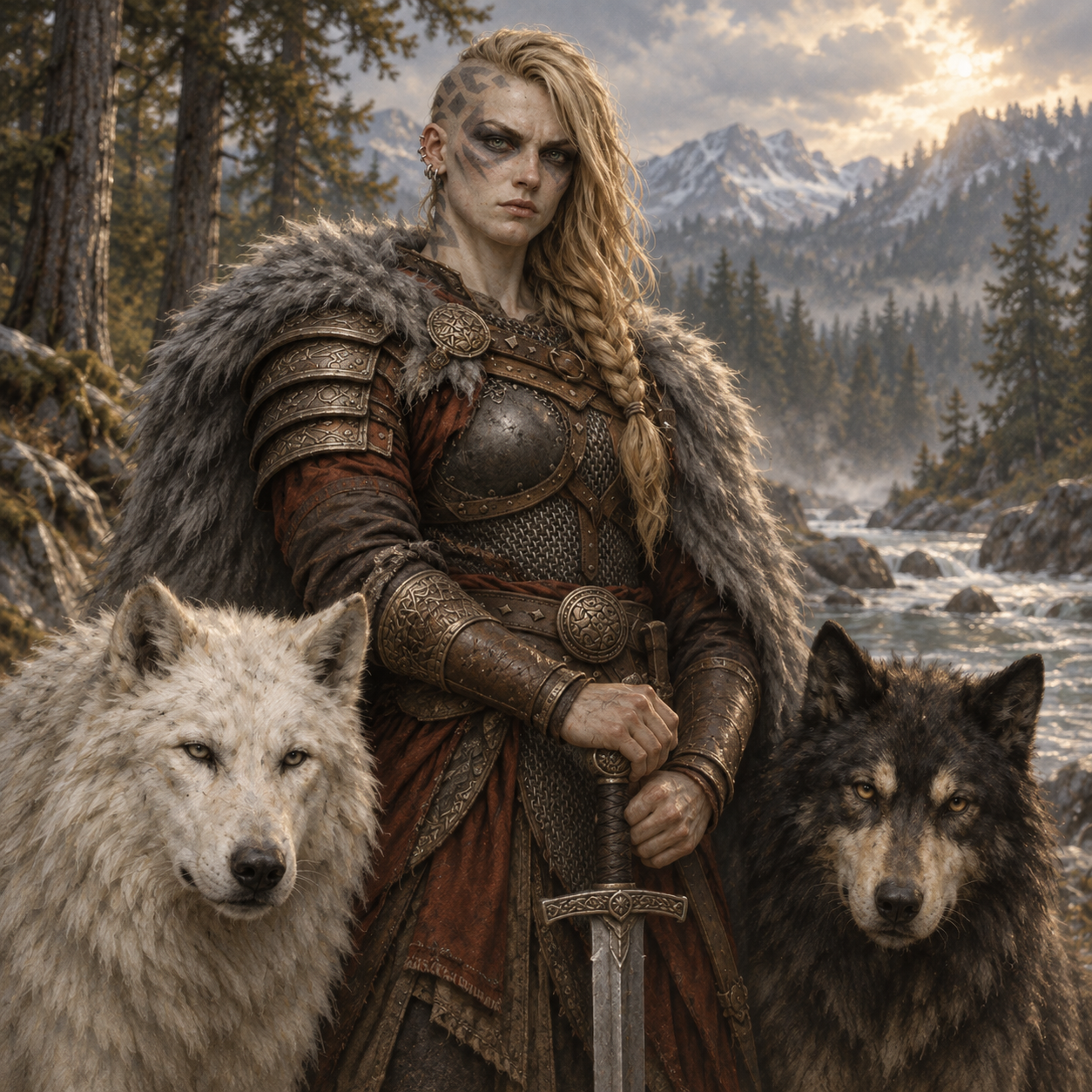 Concept portrait of Varka with her two wolf companions