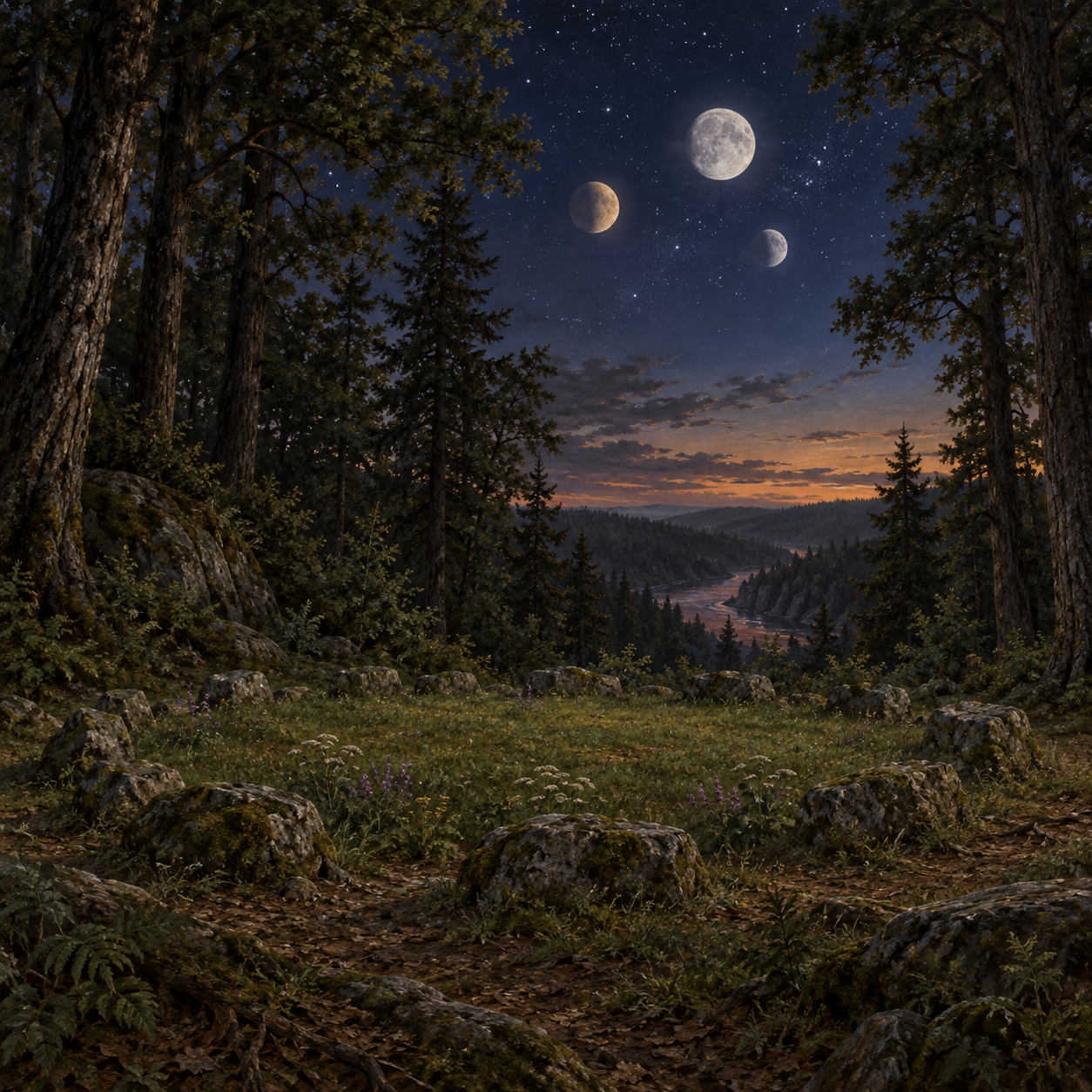 Concept illustration of Sága&rsquo;s stone-ringed clearing, open to the stars