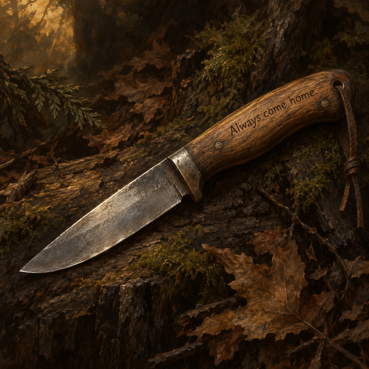 Samir&rsquo;s inherited hunting knife, carved with Always come home.