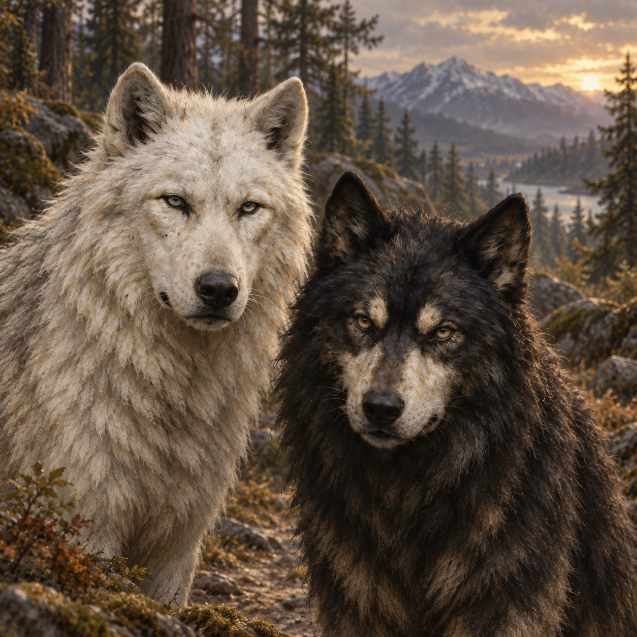 Concept illustration of Varka’s pale and dark wolf companions