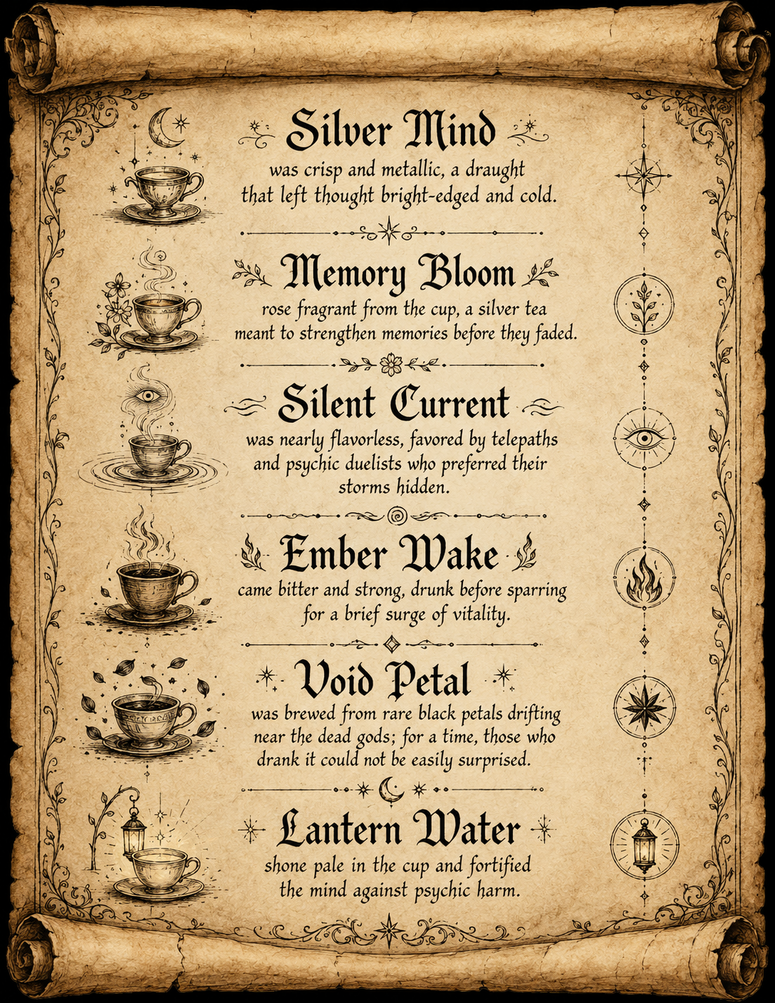 An illustrated parchment menu listing six teas of the Quiet Cup: Silver Mind, Memory Bloom, Silent Current, Ember Wake, Void Petal, and Lantern Water.
